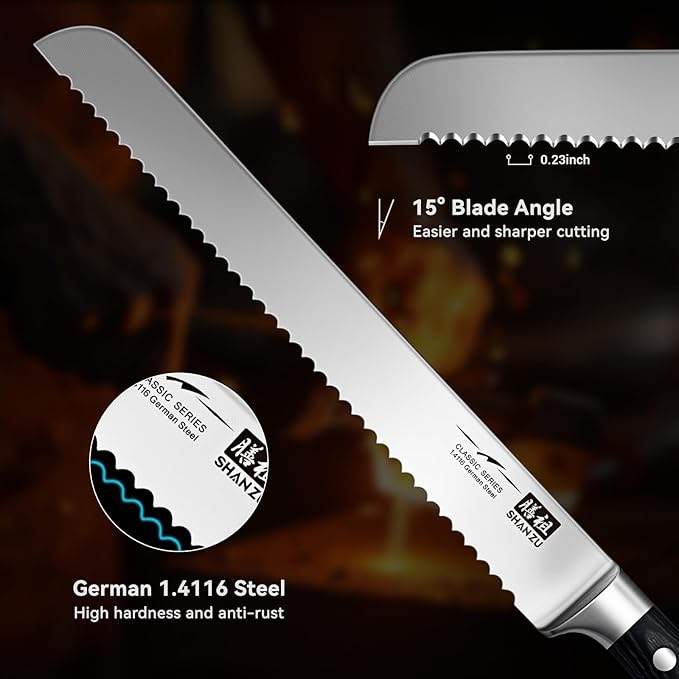 SHAN ZU 10-Inch Serrated Bread & Sourdough Knife with Wood Handle