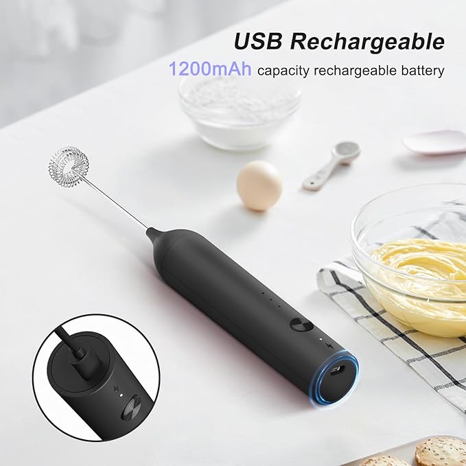 ELMWAY Rechargeable Milk Frother Handheld, 3-Speed Electric Whisk Frother Wand with Egg Whisk Attachment for Coffee, Matcha, Protein Powder, Latte & Cappuccino(Black without Stand)
