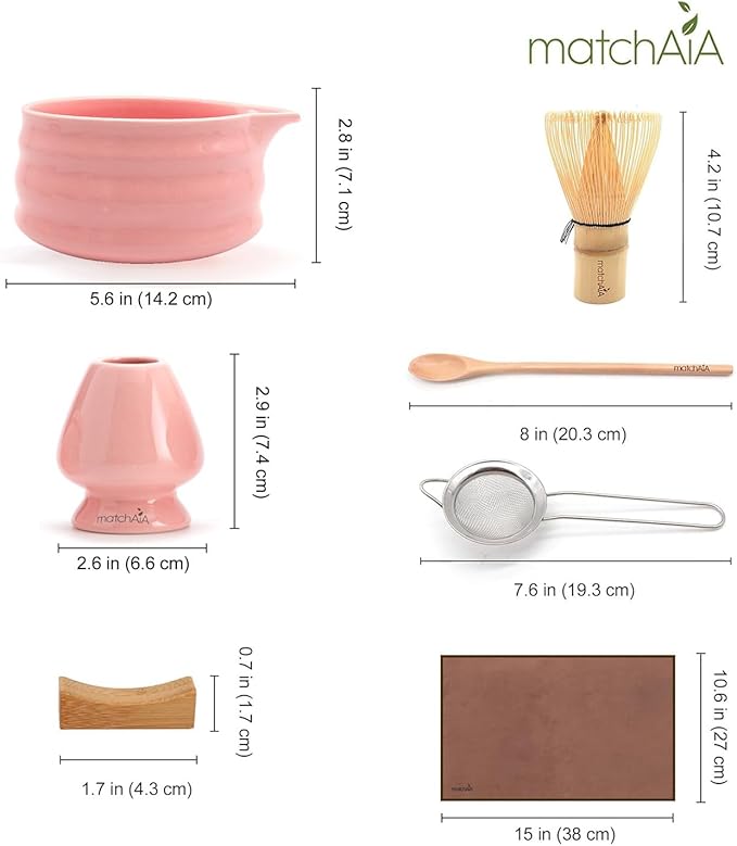 MatchAiA Matcha Whisk Set - Ceramic Bowl, Bamboo Whisk with Holder, Sifter, Schima Spoon, Spoon Rest and Tea Towel - 7 Pcs Complete Kit for Traditional Matcha and Modern Lattes (Pink)