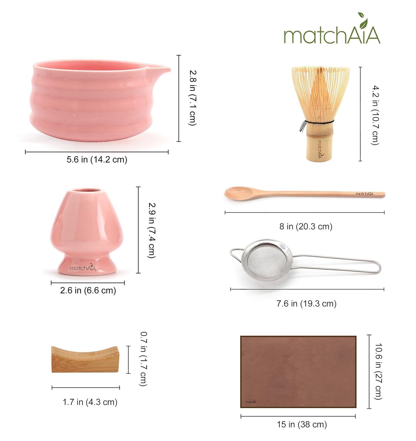 MatchAiA Matcha Whisk Set - Ceramic Bowl, Bamboo Whisk with Holder, Sifter, Schima Spoon, Spoon Rest and Tea Towel - 7 Pcs Complete Kit for Traditional Matcha and Modern Lattes (Pink)