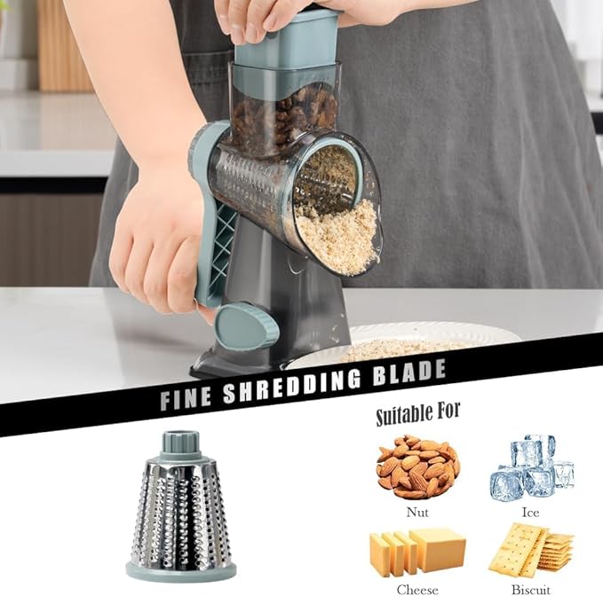 Badelite Cheese Grater Vegetable Cheese Shredder Slicer Grater for Kitchen 3 Changeable Blades for Cheese Potato Zucchini Nuts Chocolate (Grey Blue)