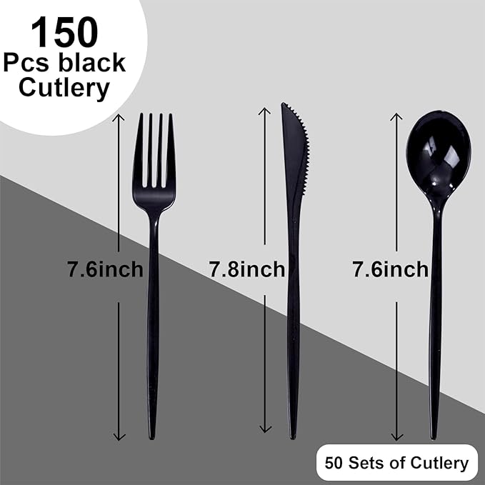 PULOTE 150PCS Black Plastic Silverware Set Disposable - Heavy Duty Black Plastic Cutlery - Black Plastic Utensils Set Include 50 Forks,50 Spoons,50 Knives for Party&Graduation