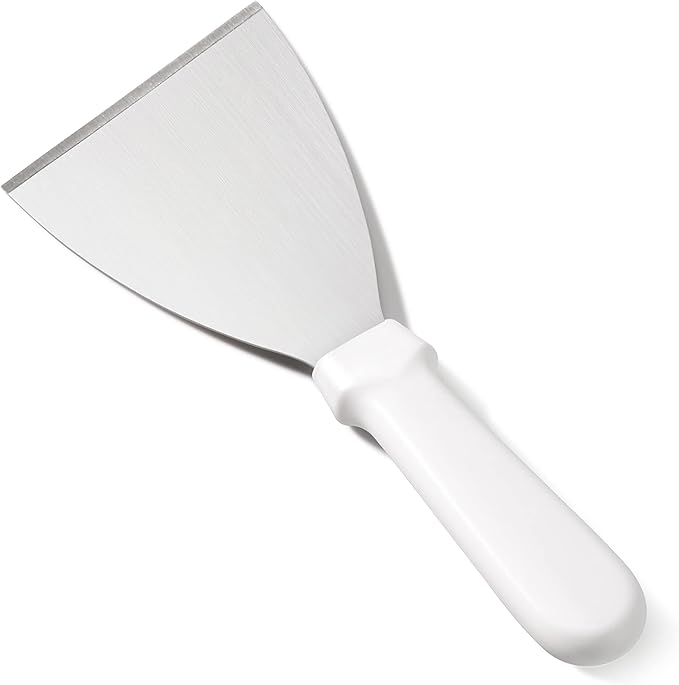 New Star Foodservice Stainless Steel Slant Edge Grill Scraper with White Plastic Handle, 4 x 8.5 Inch Restaurant Grade Griddle Scraper, Flat Top Scraper, Grill Cleaning Tool