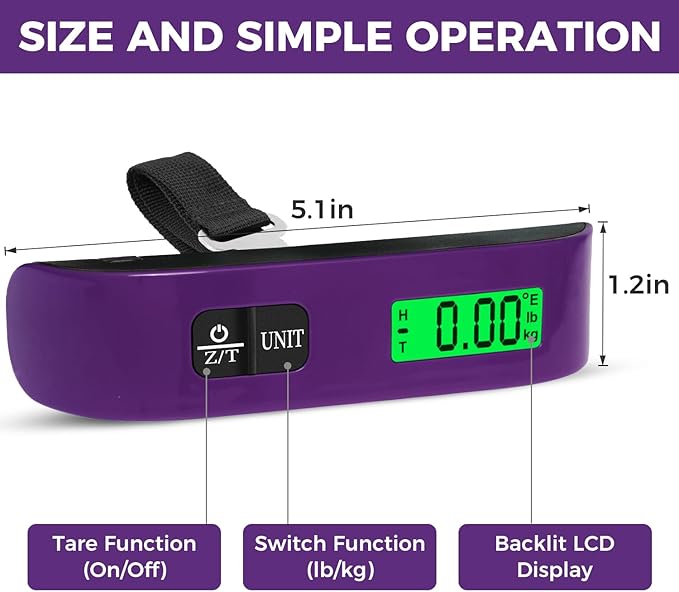 BAGAIL Digital Luggage Scale, 110lbs Hanging Baggage Scale with Backlit LCD Display,Portable Suitcase Weighing Scale,Travel Luggage Weight Scale with Hook,Strong Straps for Travelers(Purple)