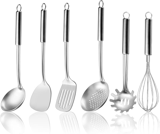Gymdin 6-Piece Kitchen Cooking Utensils Set, Stainless Steel Kitchen Utensils with Suspendable Handle, Spatula, Slotted Turner, Soup Ladle, Slotted Spoon, Whisk, Pasta Server, Dishwasher Safe