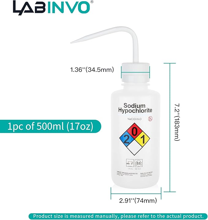 LABINVO Sodium Hypochloride Wash Bottles, Vol.500ml (17oz), Narrow Mouth, Self-Venting Safety Wash Bottles, LDPE Material, IN-WBS500，Pack of 1, IN-WBS501
