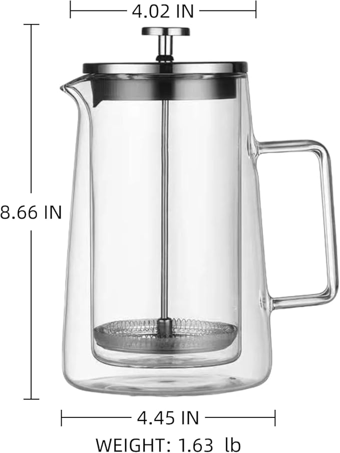 PanSukided French Press Coffee Maker 34Oz (1 Liter), DoubleWall Insulated Borosilicate Glass, Heat-Resistant Design, Stainless Steel Filter for Coffee, Tea & Cold Brew