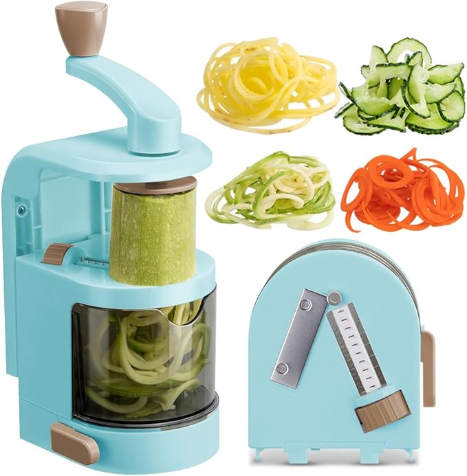 Badelite Vegetable Spiralizer 4-IN-1 Rotating Blade Veggie Spiralizer Zucchini Noodle Maker with Strong Suction Cup Spiral Vegetable Cutter Slicer - Blue