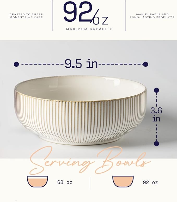 getstar Large Serving Bowls (9.5 inch & 92 fl oz), Ceramic Salad Bowl Set of 2, Microwave and Dishwasher Safe