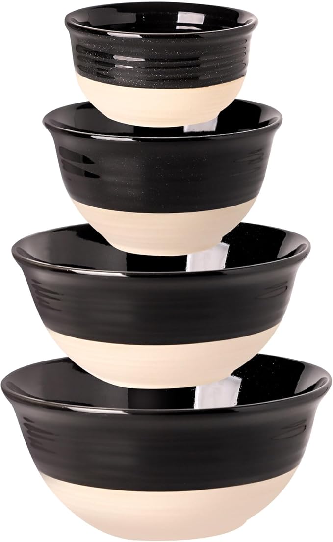 HASENSE Nesting Ceramic Mixing Bowls Set of 4, 2.5/1.5/1.0/0.5 Qt Black & Beige Stoneware Bowls, Farmhouse Bowls for Cooking, Baking, Fruit & Holiday Serving, Dishwasher & Microwave Safe