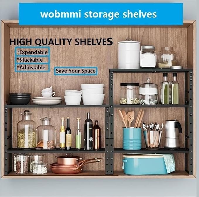 Wobmmi Expandable,Adjustable & Stackable Spice Rack, Cabinet Kitchen Countertop Shelf Organizer,Metal Pantry Storage Shelves - Space-Saving Storage Solution(2Packs/Black/Large)