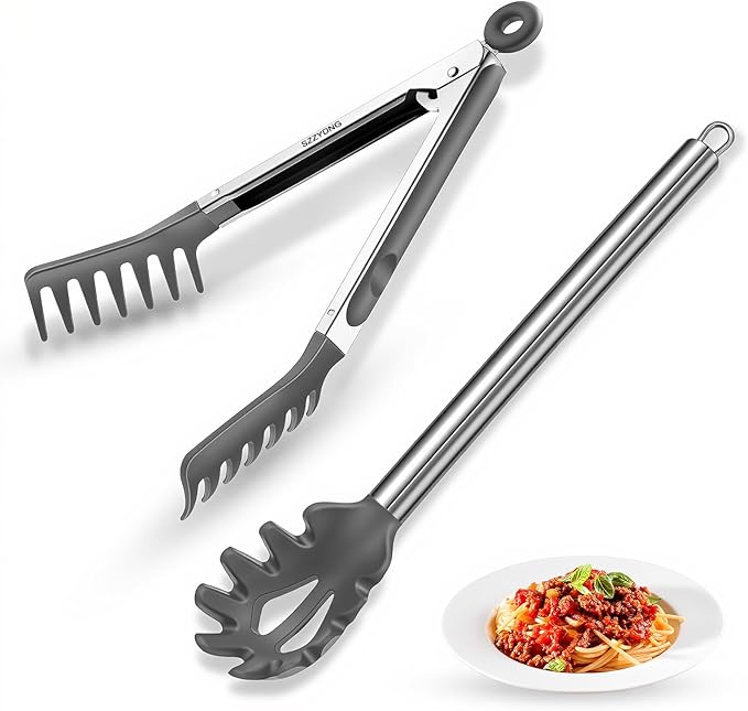 Spaghetti Spoon and Pasta Tong with Teeth and Drain Holes, 2-Piece Non-Stick Silicone Spoon Server Fork with Stainless Steel Handle, Kitchen Tong for Cooking, Serving, Salad and Noodles, Grey