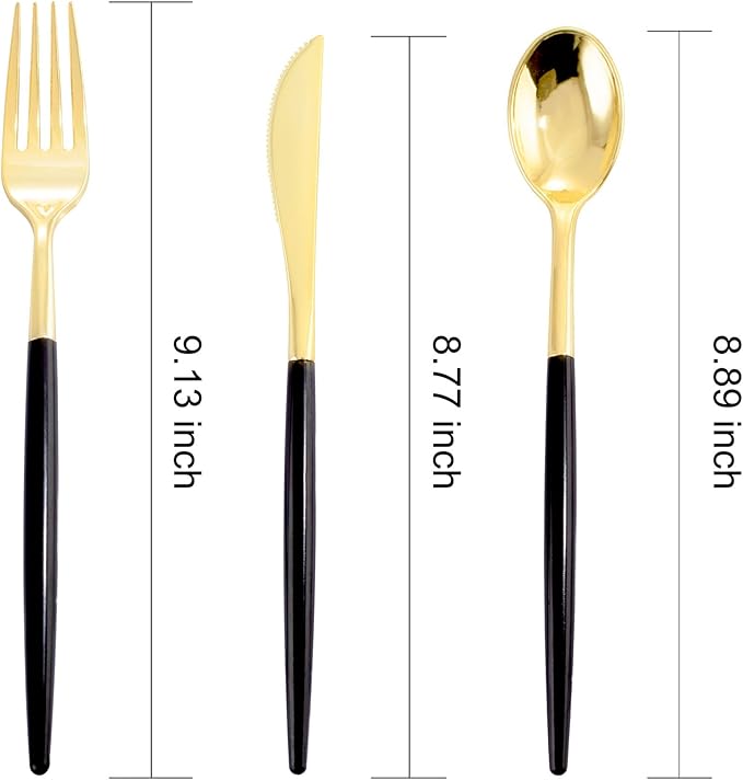 I00000 60 Pcs Black Plastic Cutlery Set, Gold Utensils with Black Handle