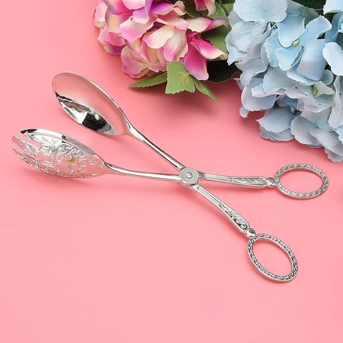Buffet Tongs Zinc Alloy Salad Tong Kitchen Tong Serving Non-Slip Cooking Tongs(Sliver)