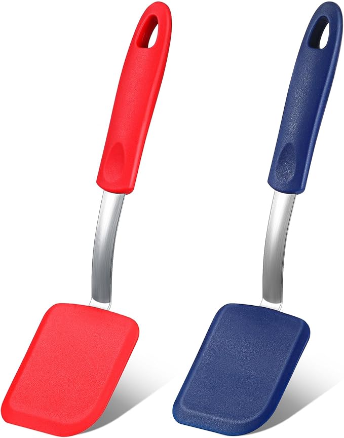 Yetene Silicone Cookie Spatula Turner 2 Pack Mini Brownie Spatula Flexible Kitchen Small Silicone Turner for Nonstick Cookware Heat Resistant No Scratch Flipper for Egg(Solid Flat,Red,Blue)