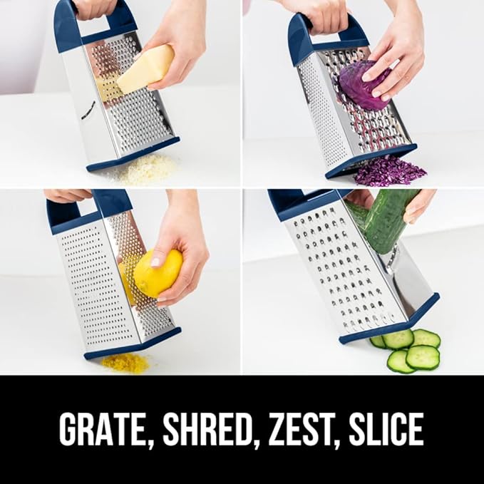 GORILLA GRIP® XL 4-Sided Stainless Steel Cheese Grater With Measurement Container, BPA-Free Box Grater, Slip Resistant Base, Grate Hard Parmesan, Shred Veggies, Zest Citrus, Dishwasher Safe