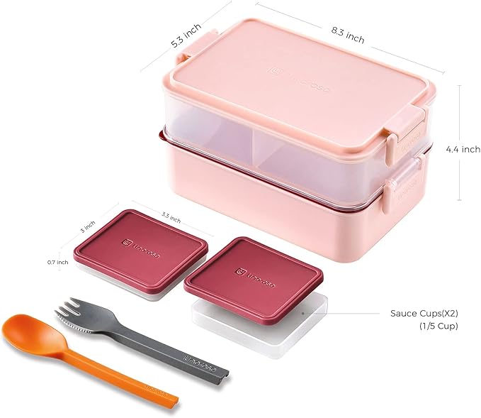 linoroso Stackable 2-Tier Adult Bento Box, 4 Compartments - Frozen Berry