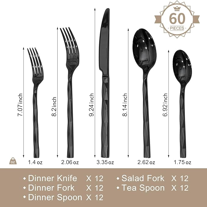 60 Piece 18/10 Black Silverware Set,Stainless Steel Flatware Cutlery for 12