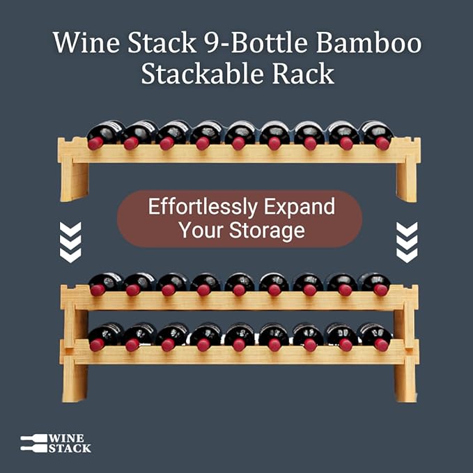 Wine Stack 9 Bottle Bamboo Stackable Small Wine Rack for Countertop, No Tools Assembly, Durable, Wine and Liquor Bottle Storage for Small Spaces