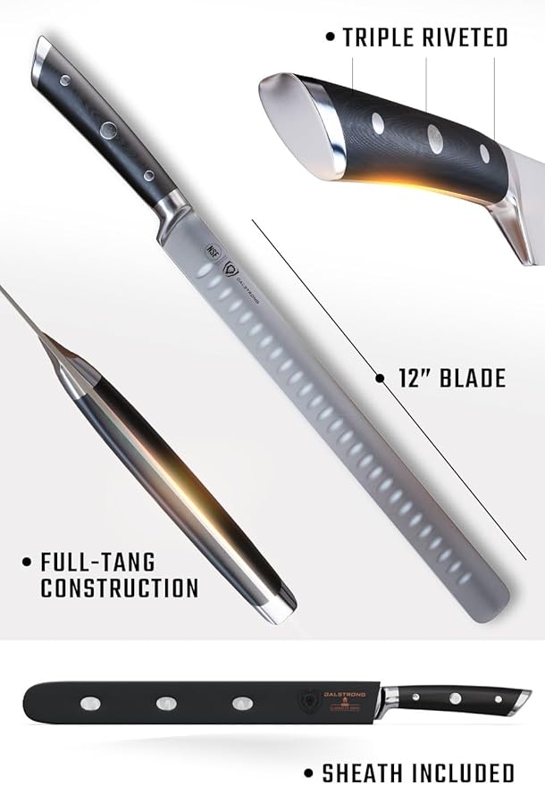 Dalstrong 12" Slicing Knife — Granton Edge, Forged German HC Steel, 56+ HRC — For BBQ Brisket, Holiday Roasts & Turkey Carving — Full-Tang G10, Sheath, Gladiator ELITE, customer support