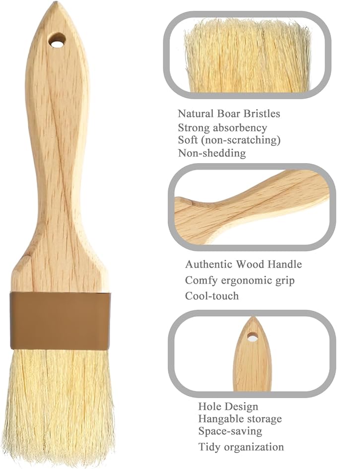 NXRACSH Natural Bristle Basting & Pastry Brush Set - 1.5"& 1" Food Grade Cooking Brushes, Not Shedding, for Turkey Basting, Butter, Egg Wash, Baking (4 Pc)
