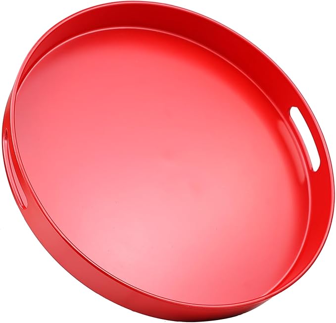 SforGUVA Round Red Decorative Serving Tray with Handles, 13” Versatile Ottoman Tray for Coffee Table, Entertaining, Outdoor Patio, Living Room