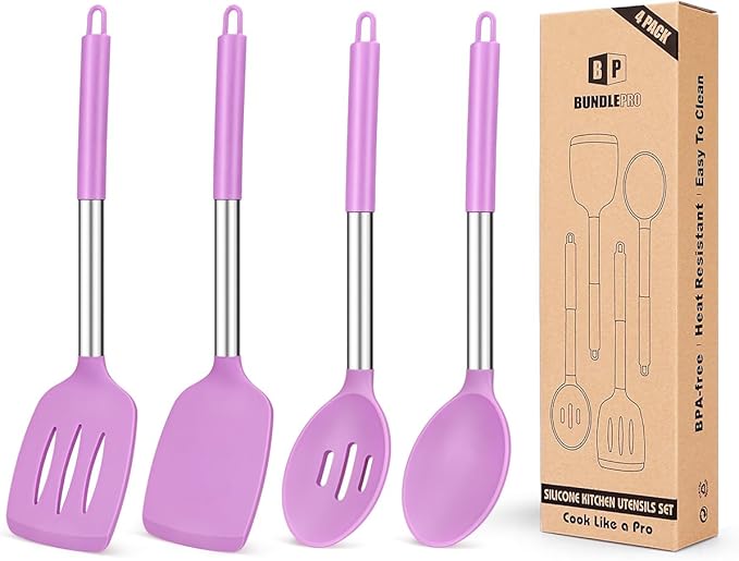Pack of 4 Silicone Cooking Utensils Set, Non Stick Large Solid Spatulas, Heat Resistant Gray Slotted Spoons, Ideal BPA Free Kitchen Turners for Frying, Mixing,Serving,Draining,Turning,Stirring