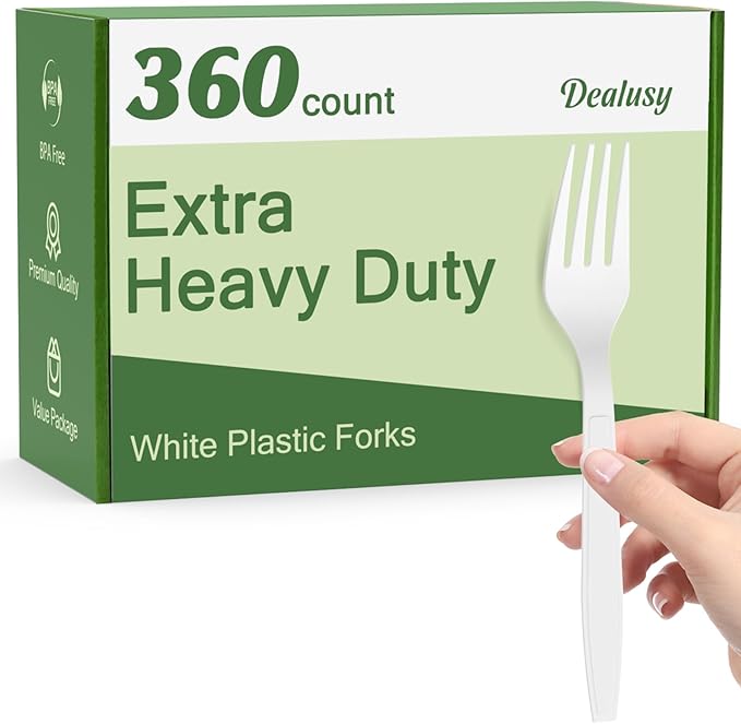 Dealusy 360 Count Extra Heavy Duty White Plastic Forks Disposable, BPA-Free, Heat Resistant, Solid and Durable Disposable Forks Bulk, Premium Plastic Forks heavy duty for Party Supply
