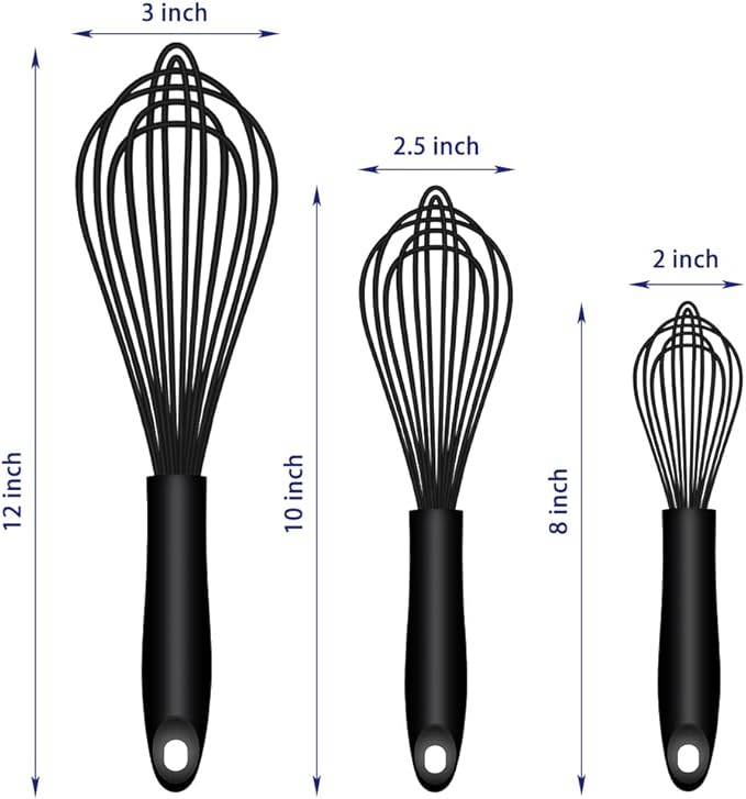 OYV Dishwasher Safe Silicone Whisk, Sealed Waterproof Design Set of 3, Professional Kitchen Whisks for Cooking Non-Scratch, Silicone & Stainless Steel Whisk, Heat Resistant Balloon Egg Beater, Black