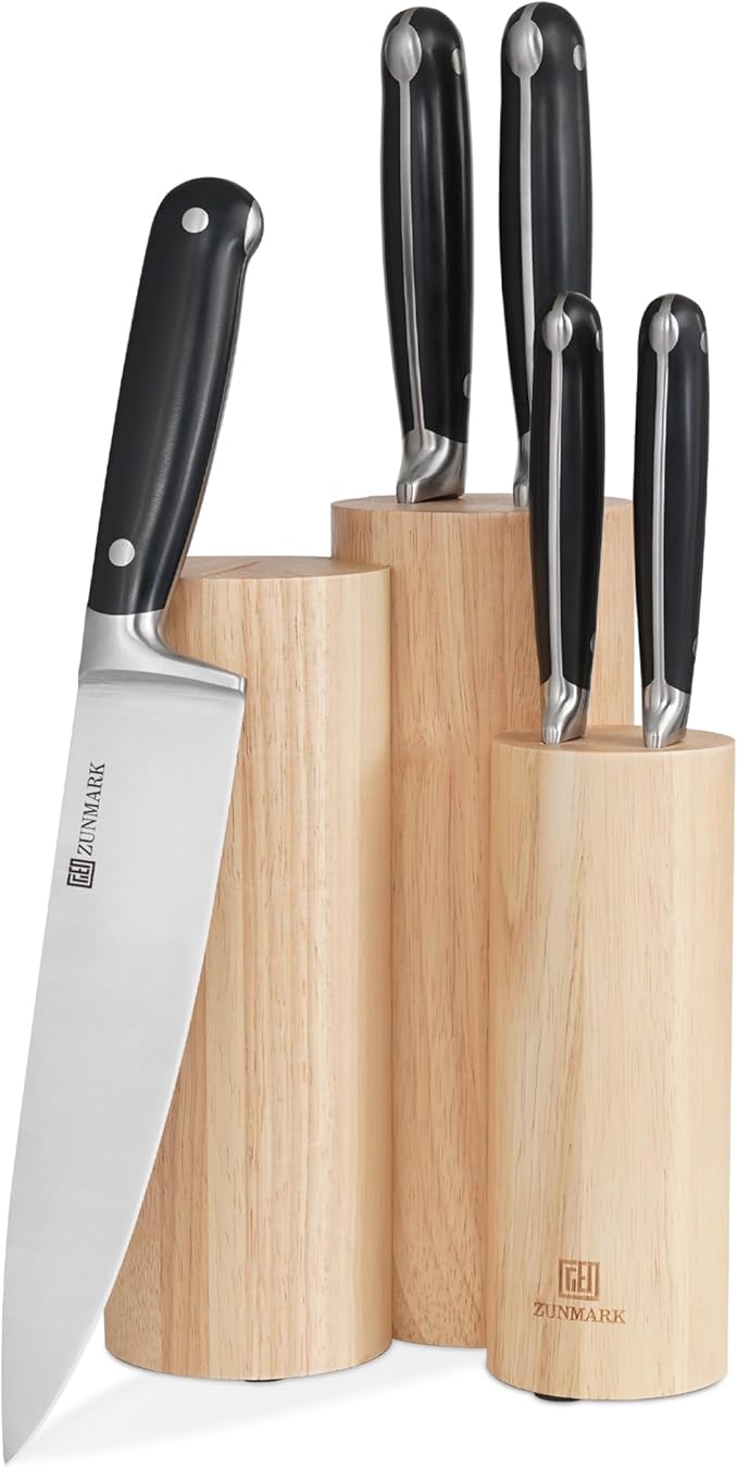 ZUNMARK Kitchen Knife Set, Skylark Series 6-Piece High Carbon X50CrMoV15 Steel Professional Chef Knife Set with Solid Wood Block, Unique Design Knife Block Set, Dishwasher Safe, Elegant Black
