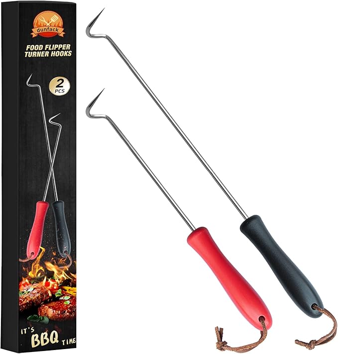 2Pcs Food Flipper Turner Hooks Stainless Steel BBQ Meat Hooks Cooking Barbecue Turners Hooks Grill Accessories with Handle for Grilling & Smoking
