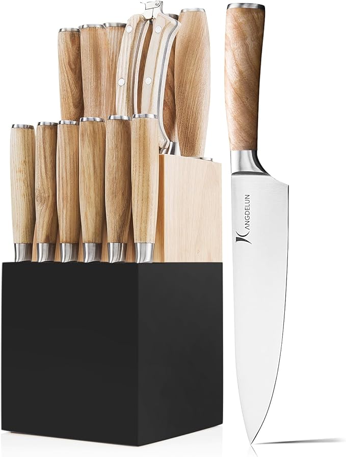 Kangdelun Ultra Sharp 15-Piece Kitchen Knife Set, High Carbon Stainless Steel Blades, Torrefied Natural Wood Handles, Ergonomic Design, Space-Saving Black-Finished Wood Block, Easy Hand Wash, Gift Box