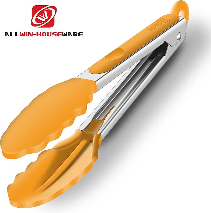 2 Pack Silicone Kitchen Tongs, 9 & 12 Inch, Stainless Steel, Orange
