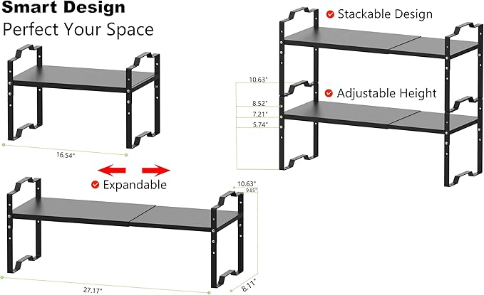 Jojocross Expandable Shelf for Cabinet Organizer Adjustable Stackable Spice Rack at Kitchen and Bathroom more, Counter Countertop Cupboard Organization Pantry Storage(MEDIUM/2PACKS/BLACK)