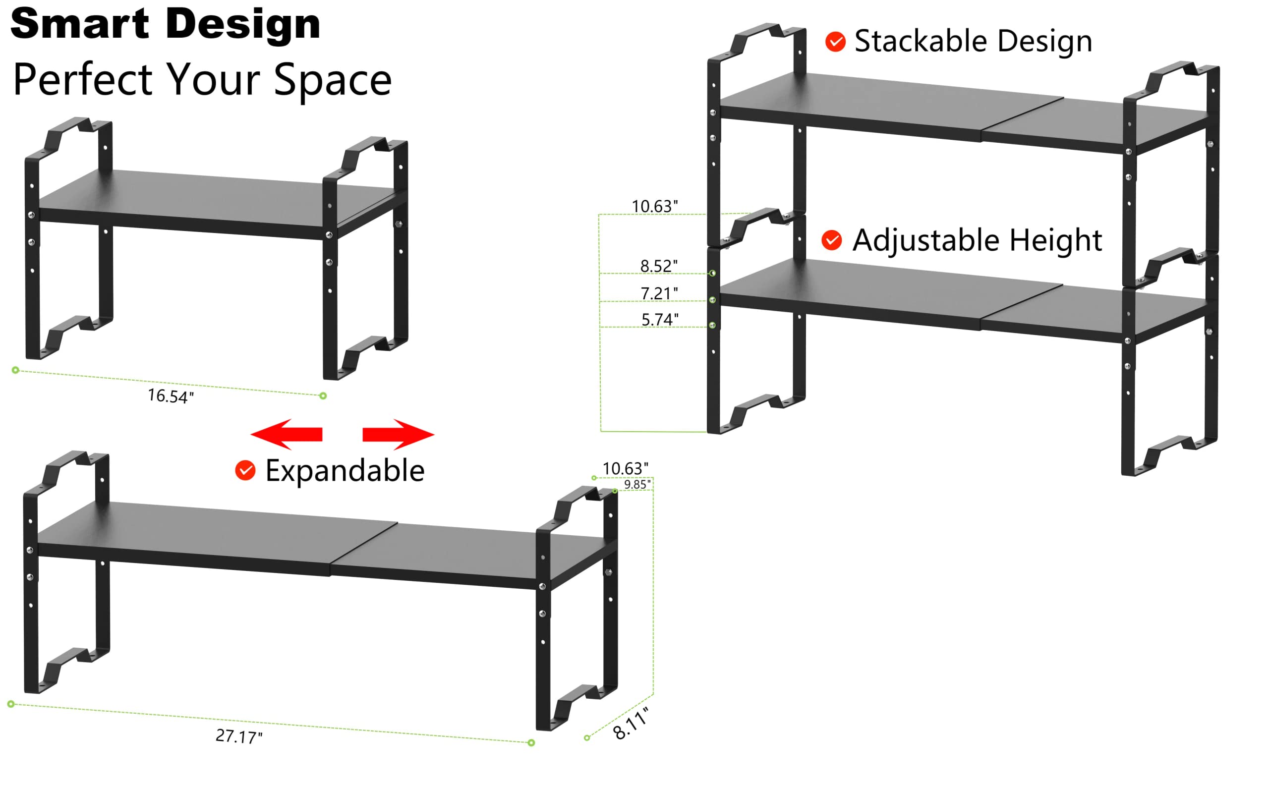 Jojocross Expandable Shelf for Cabinet Organizer Adjustable Stackable Spice Rack at Kitchen and Bathroom more, Counter Countertop Cupboard Organization Pantry Storage(MEDIUM/2PACKS/BLACK)