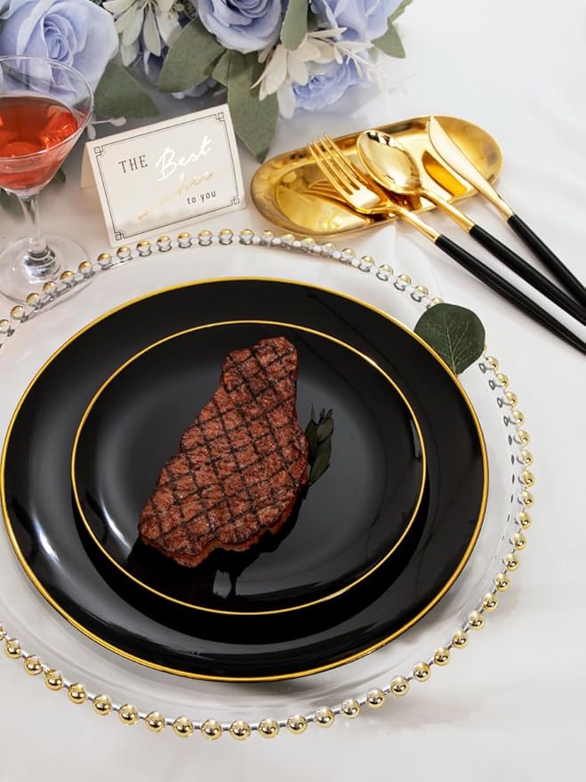 I00000 144Pcs Black Plastic Silverware Set, Gold Utensils with Black Handle