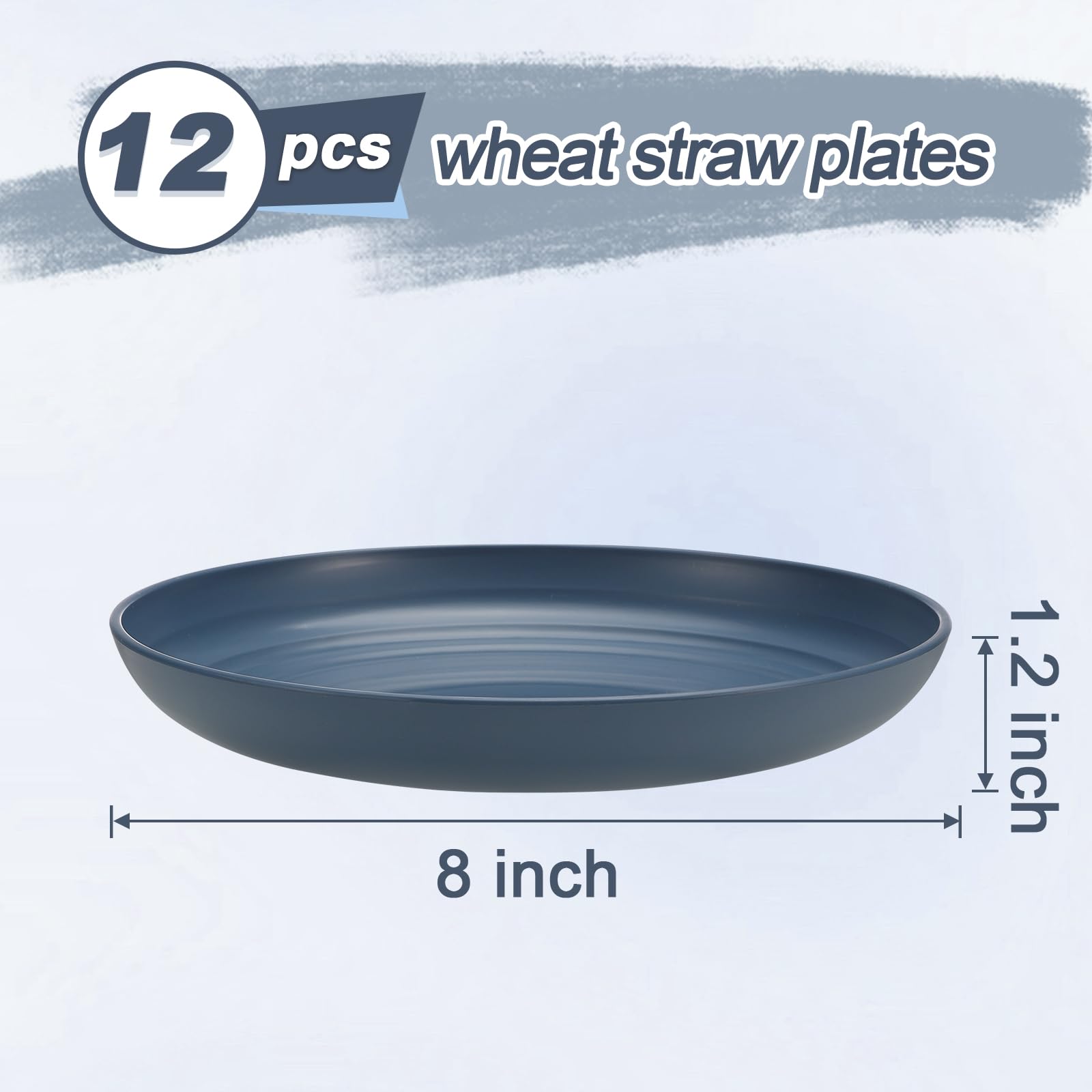 HEYCOME 12 Pcs Unbreakable Deep Dessert Plates Set, 8 inch Reusable Plastic Wheat Straw Plates, Microwave and Dishwasher Safe Plate for Kitchen, Lightweight Plate for Dessert, BPA Free, Dark Blue