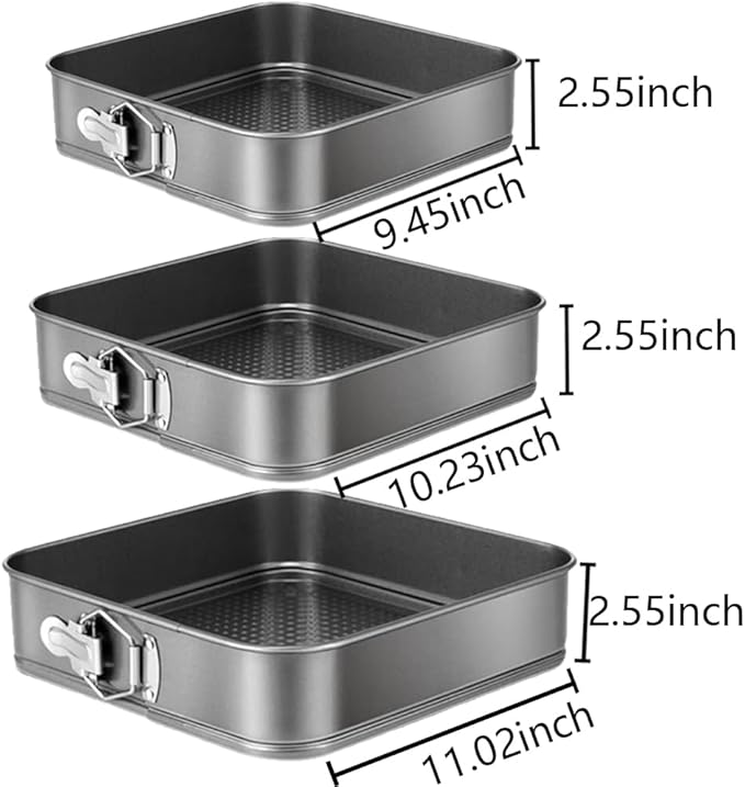Yetthpowr Springform Cake Pan Set of 3 (9.5, 10, 11 Inch) Square Baking Pans Nonstick Cheesecake Pans with Removable Bottom Bakeware for Cake, Cheesecakes, Pizza, and Quiches