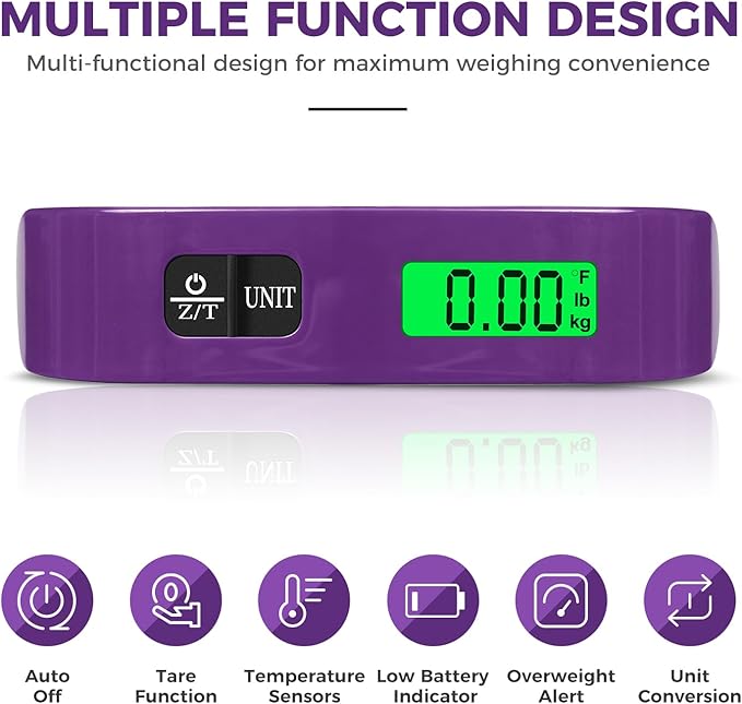 BAGAIL Digital Luggage Scale, 110lbs Hanging Baggage Scale with Backlit LCD Display,Portable Suitcase Weighing Scale,Travel Luggage Weight Scale with Hook,Strong Straps for Travelers(Purple)