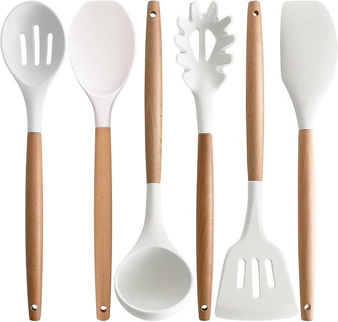 IOCBYHZ Kitchen Cooking Utensils Set 6Pcs Non-Stick Silicone Kitchen Utensils Spatula Spoon Turner Ladle Pasta Server, Heat Resistant Wooden Handle Silicone Cooking Gadgets Sets for Cookware & Baking