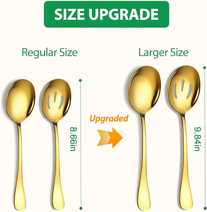 Keyoxy Stainless Steel Serving Spoons Set, 8pc, 10-Inch, Includes 4 Large, 4 Slotted, for Parties/Kitchen/Buffet/Catering, Dishwasher Safe, Gold