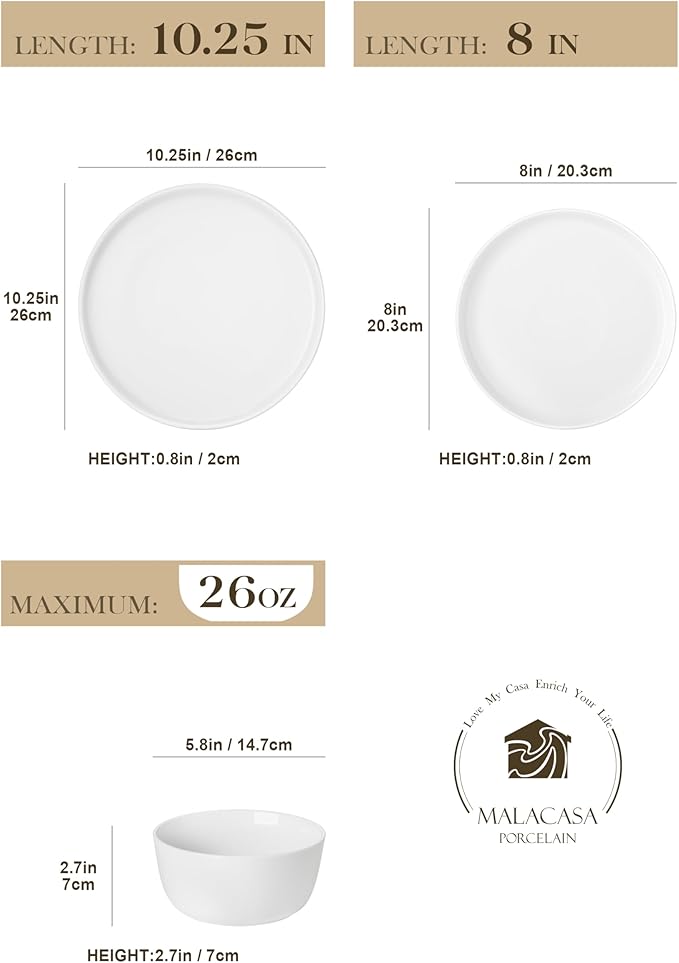 MALACASA 18-Piece Dinnerware Set for 6, White Porcelain Dishes