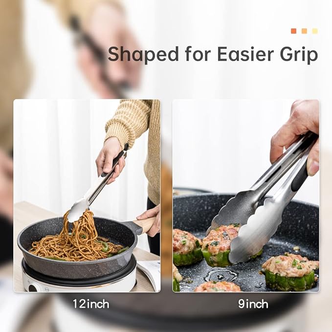 9 & 12 Inch Kitchen Tongs, Stainless Steel Metal Cooking Tongs (9"+12")