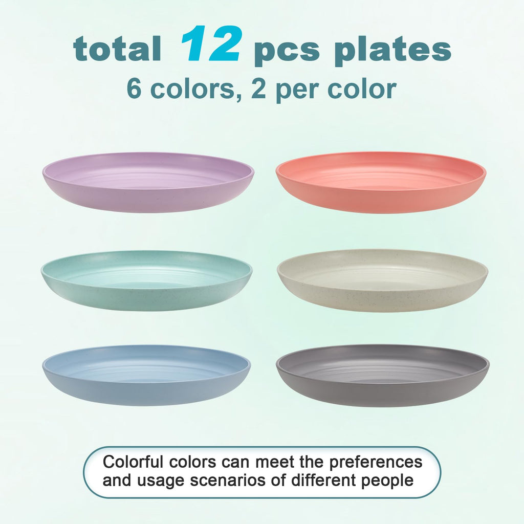 HEYCOME 12 Pcs Unbreakable Deep Dessert Plates Set, 8 inch Reusable Plastic Wheat Straw Plates, Microwave and Dishwasher Safe Plate for Kitchen, Lightweight Plate for Dessert, BPA Free, 6 Colors