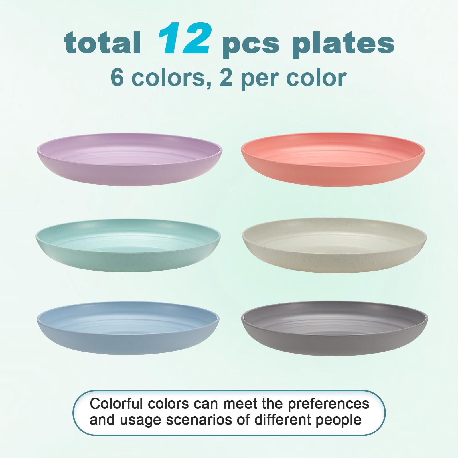 HEYCOME 12 Pcs Unbreakable Deep Dessert Plates Set, 8 inch Reusable Plastic Wheat Straw Plates, Microwave and Dishwasher Safe Plate for Kitchen, Lightweight Plate for Dessert, BPA Free, 6 Colors