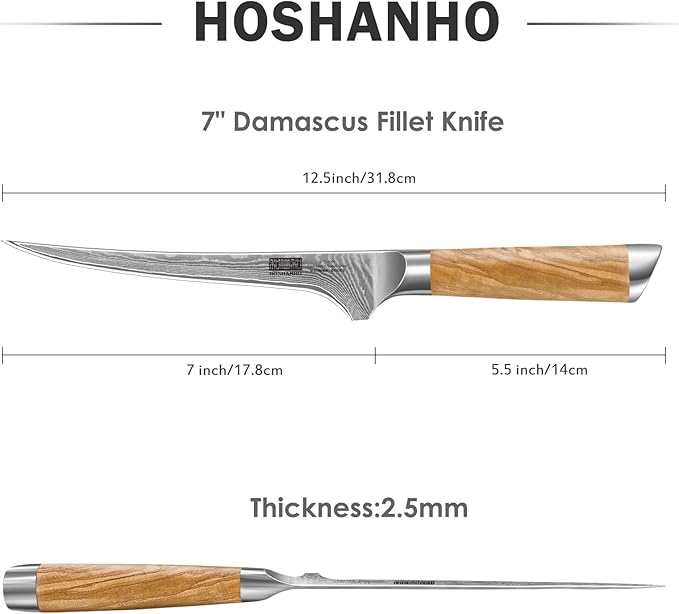 HOSHANHO Damascus Fillet Knife 7", Sharp Filet Knife for Boning Fish & Meat