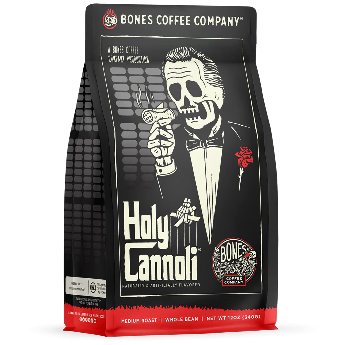 Bones Coffee Company Cinnamon Roll Flavored Coffee, Medium Roast Low Acid Arabica Beans Compatible with Auto drip and French Press Coffee Maker, 12 Oz Ground