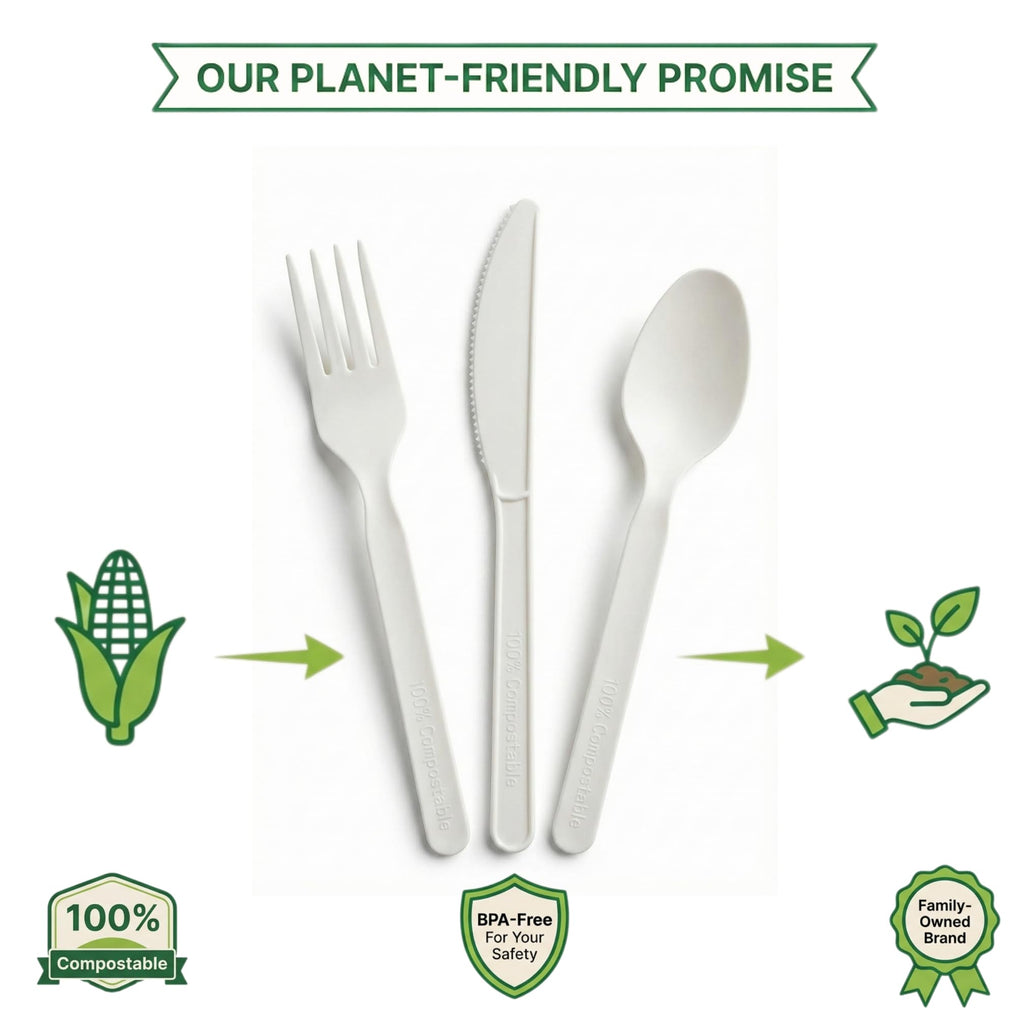 100% Compostable Forks Spoons Knives Cutlery 400 Count 7Inch Heat Resistant Eco Friendly Disposable Cutlery Biodegradable Silverware Alternative to Plastic Compostable Utensils Bulk In Convenient Tray