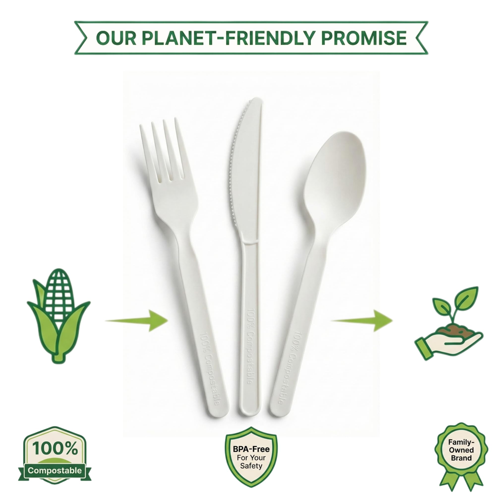 100% Compostable Forks Spoons Knives Cutlery 400 Count 7Inch Heat Resistant Eco Friendly Disposable Cutlery Biodegradable Silverware Alternative to Plastic Compostable Utensils Bulk In Convenient Tray