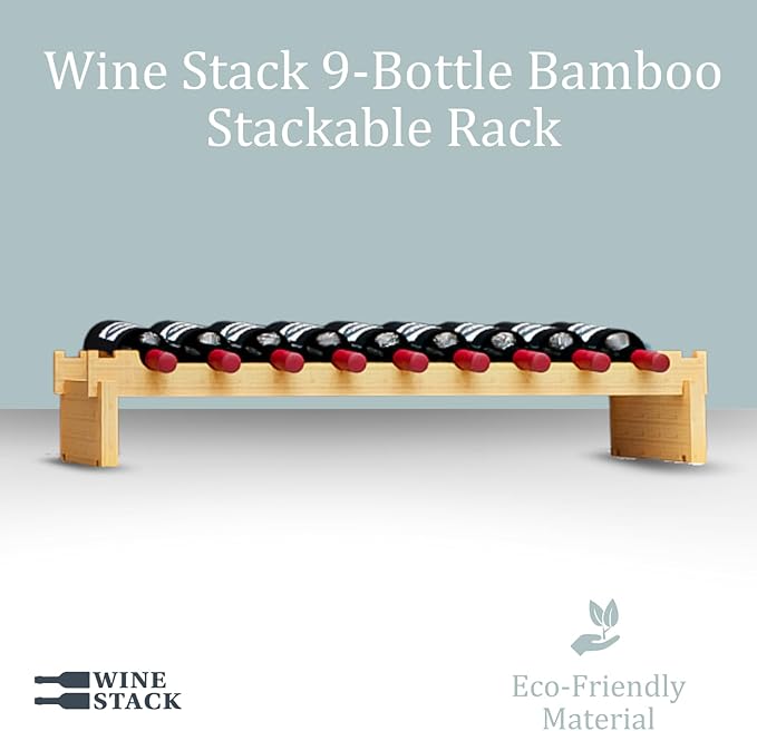 Wine Stack 9 Bottle Bamboo Stackable Small Wine Rack for Countertop, No Tools Assembly, Durable, Wine and Liquor Bottle Storage for Small Spaces